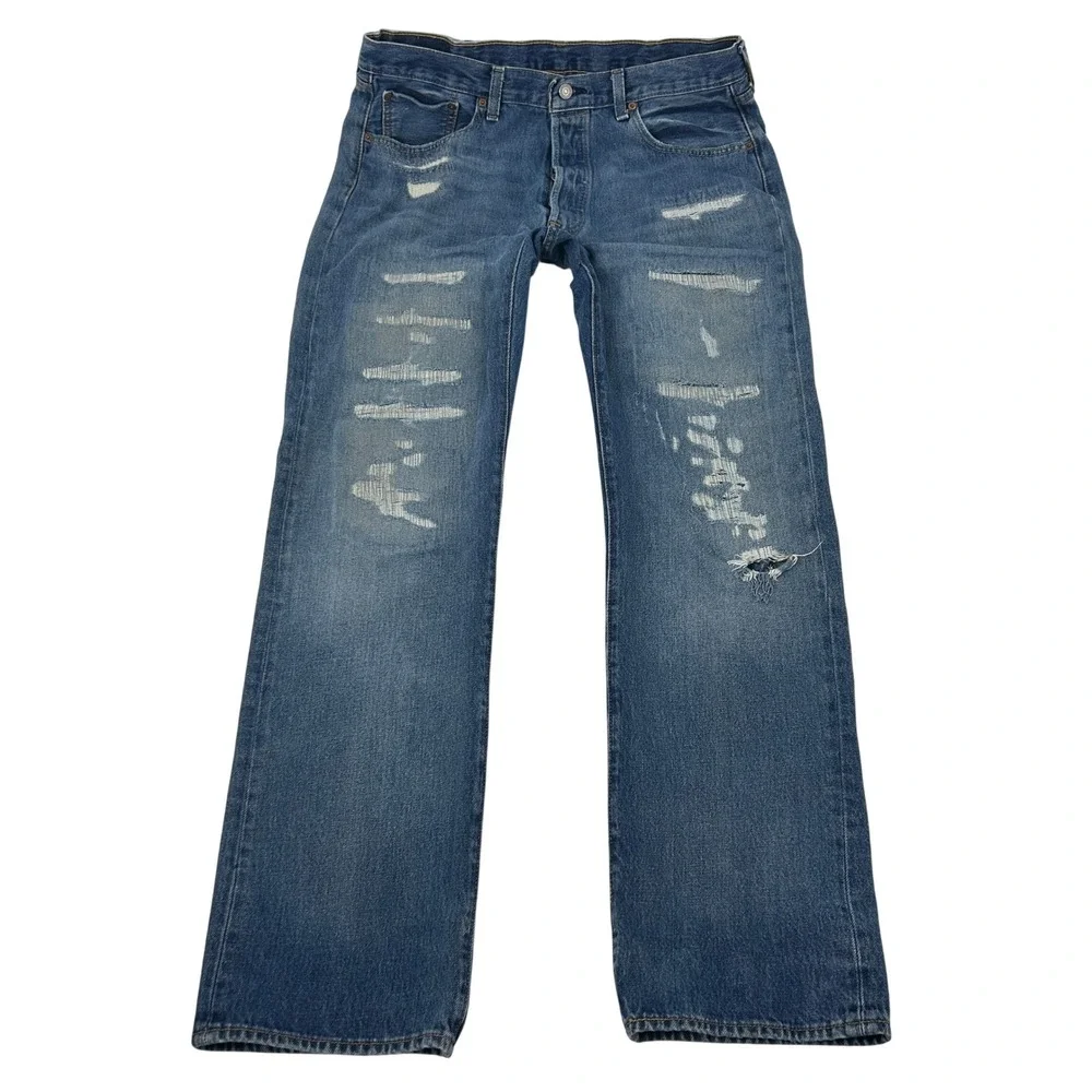 Levis 501 150th Anniversary Jeans Men's 36x34 Blue Distressed Straight Leg Denim
